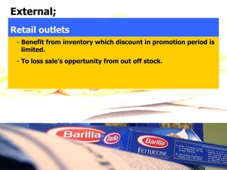 External;
Retail outlets
 - Benefit from inventory which discount in promotion period is
   limited.
 - To loss sale’s opportunity from out off stock.
 