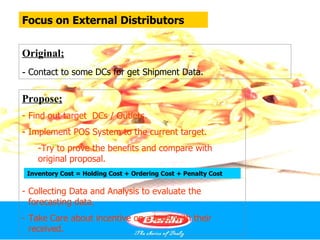 Focus on External Distributors


Original;
- Contact to some DCs for get Shipment Data.

Propose;
- Find out target DCs / Outlets.
- Implement POS System to the current target.
    -Try to prove the benefits and compare with
    original proposal.
 Inventory Cost = Holding Cost + Ordering Cost + Penalty Cost

- Collecting Data and Analysis to evaluate the
  forecasting data.
- Take Care about incentive on a level with their
  received.
 