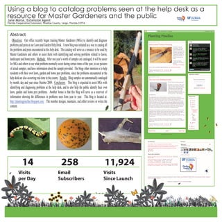 Using a blog to catalog problems seen at the help desk as a
resource for Master Gardeners and the public
Jane Morse, Extension Agent
Florida Cooperative Extension, Pinellas County, Largo, Florida 33774



  Abstract
    Objectives: Our office recently began training Master Gardeners (MGs) to identify and diagnose
  problems and pests at our Lawn and Garden Help Desk. A new blog was initiated as a way to catalog all
  the problems and pests encountered at this help desk. This catalog will serve as a resource to be used by
  Master Gardeners and others to assist them with identifying and solving problems related to lawns,
  landscapes and home pests. Methods: After one year’s worth of samples are cataloged, it will be easier
  for MGs and others to see what problems normally occur during certain times of the year, to see pictures
  of actual samples, and have information about the sample provided. The blogs other intention is to help
  residents with their own lawn, garden and home pest problems, since the problems encountered at the
  help desk are also occurring real-time in the county. Results: Blog samples are automatically cataloged
  by month, day and year since October 2009. Conclusion: This blog is expected to assist MGs with
  identifying and diagnosing problems at the help desk, and to also help the public identify their own
  lawn, garden and home pest problems. Another bonus is that this blog will serve as a reservoir of
  information showing the differences in problems seen from year to year. This blog is located at:
  http://plantingpinellas.blogspot.com/ The member designs, maintains, and either reviews or writes the
  content.




              14                                         258                                            11,924
          Visits                                     Email                                            Visits
          per Day                                    Subscribers                                      Since Launch
 