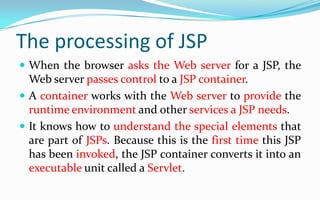 A simple JSP page<html> <body> <% out.println("<h1>Hello World!</h1>");%> </body> </html> Scriptlet
