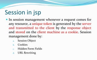 Action – useBean tagThe useBean action tag is the most commonly used tag because of its powerful features.It allows a JSP to create an instance or receive an instance of a Java Bean.It is used for creating or instantiating a bean with a specific name and scope.Examples<jsp:useBean id=“time" scope="session" class="com.time.CurrentTimeBean" />