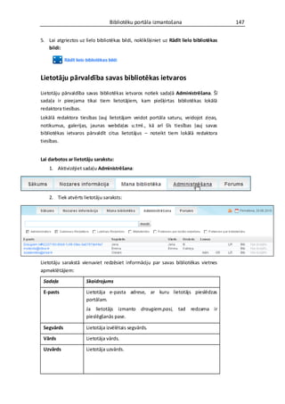 Bibliotēku portāla izmantošana                          147


5. Lai atgrieztos uz lielo bibliotēkas bildi, noklikšķiniet uz Rādīt lielo bibliotēkas
   bildi:




Lietotāju pārvaldība savas bibliotēkas ietvaros
Lietotāju pārvaldība savas bibliotēkas ietvaros notiek sadaļā Administrēšana. Šī
sadaļa ir pieejama tikai tiem lietotājiem, kam piešķirtas bibliotēkas lokālā
redaktora tiesības.
Lokālā redaktora tiesības ļauj lietotājam veidot portāla saturu, veidojot ziņas,
notikumus, galerijas, jaunas webdaļas u.tml., kā arī šīs tiesības ļauj savas
bibliotēkas ietvaros pārvaldīt citus lietotājus – noteikt tiem lokālā redaktora
tiesības.


Lai darbotos ar lietotāju sarakstu:
    1. Aktivizējiet sadaļu Administrēšana:




    2. Tiek atvērts lietotāju saraksts:




Lietotāju sarakstā vienuviet redzēsiet informāciju par savas bibliotēkas vietnes
apmeklētājiem:

 Sadaļa               Skaidrojums

 E-pasts              Lietotāja e-pasta adrese, ar kuru lietotājs pieslēdzas
                      portālam.
                      Ja lietotājs izmanto draugiem.pasi, tad            redzama ir
                      pieslēgšanās pase.

 Segvārds             Lietotāja izvēlētais segvārds.

 Vārds                Lietotāja vārds.

 Uzvārds              Lietotāja uzvārds.
 