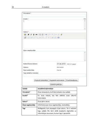 94                              3.modulis




     Sadaļa               Ievadāmā informācija

     Virsraksts*          Ziņas nosaukums, kurš būs redzams ziņu sadaļā.

     Ievads*              Īss ziņas ieskats, kas tiek attēlots ziņas sākumā
                          treknrakstā.

     Saturs*              Ziņas pilns saturs.

     Ziņas sagatavotājs   Informācija par ziņas sagatavotāju, iesniedzēju.

     Tagi                 Atslēgvārdi, kuri atspoguļo ziņas saturu. Tie ir redzami
                          tagu sadaļā. Pēc tiem vēlāk iespējams atgriezties uz
                          informācijas resursiem, kuriem tagi ir piesaistīti.
 