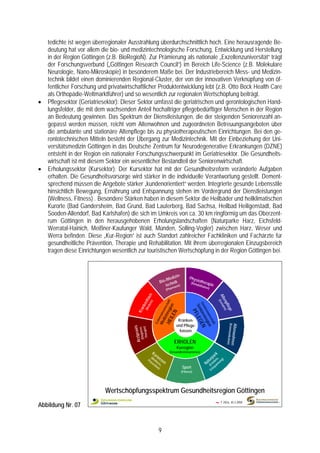 tedichte ist wegen überregionaler Ausstrahlung überdurchschnittlich hoch. Eine herausragende Be-
    deutung hat vor allem die bio- und medizintechnologische Forschung, Entwicklung und Herstellung
    in der Region Göttingen (z.B. BioRegioN). Zur Prämierung als nationale „Exzellenzuniversität“ trägt
    der Forschungsverbund („Göttingen Research Council“) im Bereich Life-Science (z.B. Molekulare
    Neurologie, Nano-Mikroskopie) in besonderem Maße bei. Der Industriebereich Mess- und Medizin-
    technik bildet einen dominierenden Regional-Cluster, der von der innovativen Verknüpfung von öf-
    fentlicher Forschung und privatwirtschaftlicher Produktentwicklung lebt (z.B. Otto Bock Health Care
    als Orthopädie-Weltmarktführer) und so wesentlich zur regionalen Wertschöpfung beiträgt.
•   Pflegesektor (Geriatriesektor): Dieser Sektor umfasst die geriatrischen und gerontologischen Hand-
    lungsfelder, die mit dem wachsenden Anteil hochaltriger pflegebedürftiger Menschen in der Region
    an Bedeutung gewinnen. Das Spektrum der Dienstleistungen, die der steigenden Seniorenzahl an-
    gepasst werden müssen, reicht vom Altenwohnen und zugeordneten Betreuungsangeboten über
    die ambulante und stationäre Altenpflege bis zu physiotherapeutischen Einrichtungen. Bei den ge-
    rontotechnischen Mitteln besteht der Übergang zur Medizintechnik. Mit der Einbeziehung der Uni-
    versitätsmedizin Göttingen in das Deutsche Zentrum für Neurodegenerative Erkrankungen (DZNE)
    entsteht in der Region ein nationaler Forschungsschwerpunkt im Geriatriesektor. Die Gesundheits-
    wirtschaft ist mit diesem Sektor ein wesentlicher Bestandteil der Seniorenwirtschaft.
•   Erholungssektor (Kursektor): Der Kursektor hat mit der Gesundheitsreform veränderte Aufgaben
    erhalten. Die Gesundheitsvorsorge wird stärker in die individuelle Verantwortung gestellt. Dement-
    sprechend müssen die Angebote stärker „kundenorientiert“ werden. Integrierte gesunde Lebensstile
    hinsichtlich Bewegung, Ernährung und Entspannung stehen im Vordergrund der Dienstleistungen
    (Wellness, Fitness) . Besondere Stärken haben in diesem Sektor die Heilbäder und heilklimatischen
    Kurorte (Bad Gandersheim, Bad Grund, Bad Lauterberg, Bad Sachsa, Heilbad Heiligenstadt, Bad
    Sooden-Allendorf, Bad Karlshafen) die sich im Umkreis von ca. 30 km ringförmig um das Oberzent-
    rum Göttingen in den herausgehobenen Erholungslandschaften (Naturparke Harz, Eichsfeld-
    Werratal-Hainich, Meißner-Kaufunger Wald, Münden, Solling-Vogler) zwischen Harz, Weser und
    Werra befinden. Diese „Kur-Region“ ist auch Standort zahlreicher Fachkliniken und Fachärzte für
    gesundheitliche Prävention, Therapie und Rehabilitation. Mit ihrem überregionalen Einzugsbereich
    tragen diese Einrichtungen wesentlich zur touristischen Wertschöpfung in der Region Göttingen bei.



                                                                            izin-          Phys
                                                                        /Med
                                                                    Bio- hnik                    io
                                                                                            (Reh therap
                                                                        tec azie)               abilit  ieation
                                                                           rm                                   )
                                                                       (Pha
                                                      s




                                                                                                                             Alt (Geriat
                                               diz au




                                                                                                                                enp rie)
                                            (Me enh




                                                                HE inregiochaft)
                                                  in      )




                                                                                                 (Se iore
                                                                             n




                                                                                                                                     fleg
                                              nk




                                                                                                   Se LEG
                                                                                                    nio
                                                                   diz ens
                                           Kra




                                                                                                      n
                                                                                                        ren




                                                                                                                                         e
                                                                                              PF
                                                                M e s w is s

                                                                           EN




                                                                                                           w ir
                                                                                                               nre N
                                                                    IL




                                                                                                               ts c
                                                               b en




                                                                                    Kranken-
                                                                                                                     haf
                                                                                                                    gio
                                                              (Le




                                                                                                                     E




                                                                                   und Pflege-
                                                                                                                                    (Kommunik
                                                                                                                        t)




                                                                                                                                           Altenwohne
                                               xis




                                                                                                                       n
                                              (Diagn )
                                        Arztprase,
                                                     ie




                                                                                     kassen
                                               Therap
                                              o




                                                                                                                                              ation)




                                                                               ERHOLEN
                                                                                                                                                   n




                                                                                   Kurregion
                                                          Ku               (Gesundheitstourismus)
                                                                                                                         rk
                                                         (W rw                                                         pa ,
                                                      Pr elln ese                                                    ur bnis ung)
                                                          e ss n
                                                        äv e
                                                                                                               N   at le
                                                                                                                       r    n
                                                          nti ,
                                                             on                                                      (E pan
                                                                )                     Sport                              ts
                                                                                                                      En
                                                                                     (Fitness)




                            Wertschöpfungsspektrum Gesundheitsregion Göttingen
Abbildung Nr. 07                                                                                                           ~    F 282a, 30.3.2008




                                                                9
 