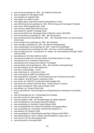 •   www.mi.med.uni-goettingen.de: UMG – Abt. Medizinische Informatik
•   www.microliquids.com: Microliquids GmbH
•   www.miprolab.com: miprolab GmbH
•   www.mobitec.com: MoBiTec GmbH
•   www.mpibpc.mpg.de: Max-Planck-Institut für biophysikalische Chemie
•   www.mrforschung.med.uni-goettingen.de: UMG - MR-Forschung in der Neurologie & Psychiatrie
•   www.mvip.de: MVIP ImagingProducts GmbH
•   www.namis.info: NAMIS Natmed Internetservices
•   www.nanofilm.de: Nanofilm Technologie GmbH
•   www.neurad-alzheimer.de: Neurodegeneration in Alzheimer's disease (NEURAD)
•   www.neuroanatomie.uni-goettingen.de: UMG – Abt. Neuroanatomie
•   www.neurodegeneration.uni-goettingen.de: UMG – Abt. Neurodegeneration und Neurorestaurati-
    onsforschung
•   www.neurologie.med.uni-goettingen.de: UMG - Abt. Neurologie
•   www.neurologie.uni-goettingen.de: UMG - Abt. Klinische Neurophysiologie
•   www.neuropathologie.med.uni-goettingen.de: UMG - Institut für Neuropathologie
•   www.neuro-physiol.med.uni-goettingen.de: UMG – Abt. Neuro- und Sinnesphysiologie
•   www.nls.niedersachsen.de: Landesbetrieb für Statistik und Kommunikationstechnologie Nieder-
    sachsen (LSKN)
•   www.ottobock.de: Otto Bock HealthCare GmbH
•   www.paracelsus-kliniken.de: Paracelsus-Kliniken Deutschland GmbH & Co. KgaA
•   www.paritaetischer.de: Paritätischer Niedersachsen
•   www.photonicnet.de: Kompetenznetz Optische Technologien
•   www.psychiatrie.med.uni-goettingen.de: UMG – Abt. Psychiatrie und Psychotherapie
•   www.rhoen-klinikum-ag.com: Rhön-Klinikum AG
•   www.rhp.eu: Rehberg Hüppe + Partner
•   www.schuett-biotec.de: schuett-biotec GmbH
•   www.sciencebridge.de: MBM ScienceBridge GmbH
•   www.sehepunkte.de: Sehepunkte – Rezensionsjournal für die Geschichtswissenschaften
•   www.seqlab.de: SEQLAB Sequence Laboratories GmbH
•   www.seratec.com, SERATEC Gesellschaft für Biotechnologie mbH
•   www.shb-sba.de: Steinbeis-Hochschule Berlin - Steinbeis Business Academy
•   www.sigma-zentrifugen.de: Sigma Laborzentrifugen GmbH
•   www.springer.com: Springer-Verlag GmbH
•   www.svr-gesundheit.de: Sachverständigenrat zur Begutachtung der Entwicklung im Gesundheits-
    wesen
•   www.technowledgement.com: Technow!ledgement Consulting
•   www.telos-consult.com: Optics Ingen.ium
•   www.ukmn.gwdg.de: UMG – Abt. Neurophysiologie und zelluläre Biophysik
•   www.uni-goettingen.de: Georg-August-Universität Göttingen
•   www.uni-goettingen.de: Innovations-Capital Göttingen GmbH
•   www.versorgungsleitlinen.de: Programm für Nationale VersorgungsLeitlinien
•   www.vwa-goettingen.de: Verwaltungs- und Wirtschafts-Akademie e.V.
•   www.whatman.com: Whatman GmbH
•   www.wrg-goettingen.de: Wirtschaftsförderung Region Göttingen GmbH (WRG)
•   www.xlab-goettingen.de: XLAB - Göttinger Experimentallabor für Junge Leute e. V.
•   www.zeiss.de: Carl Zeiss MicroImaging GmbH
•   www.zell-kontakt.de: zell-kontakt GmbH


                                             110
 