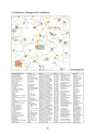 2.3.9 Vitalzentren: Vorbeugen mit Fit- und Wellness




                                                                                                                                                                                   Kartierung Nr. 06
Nr Vitalzentren (Fit- & Wellness)            Fachgebiet                        Anschrift                                       Telefon          E-mail                                  Internet (www.)
01 Vital Spa (Freizeit In)                   Health, Fitness, Bodycare         Dransfelder Straße 3, 37079 Göttingen           0551 9001700     Ralf.Wiegard@vitalspa.de                vitalspa.de
02 Luisenhaller Badehaus                     Natursolebad                      Greitweg 48, 37081 Göttingen                    0551 9972840     info@luisenhaller-badehaus.de           luisenhaller-badehaus.de
03 Badeparadies Eiswiese                     Bäder, Sauna, Fitness             Windausweg 6, 37073 Göttingen                   0551 50709 0     info@goesf.de                           www.goesf.de
04 Reha-Zentrum Rainer Junge                 Reha, Fit-/Wellness, Prävention   Sprangerweg 3, 37075 Göttingen                  0551 3838580     info@rehazentrumjunge.de                www.rehazentrumjunge.de
05 Der Fitness Club (Reebok)                 Fitness-, Wellness (Dr. Wolff)    Weender Straße 75, 37073 Göttingen              0551 5313225     info@der-fitnessclub.de                 www.der-fitnessclub.de
06 Kieser Training                           Training, Therapie                Bahnhofsallee 1d+1e, 37081 Göttingen            0551 797660      goettingen1@kieser-training.com         kieser-training.com
07 Fitness First Lifestyle Club              Fitness, Wellness                 Weender Landstr. 8, 37073 Göttingen             0551 505530                                              fitnessfirst.de
08 Das CityStudio                            Fitness, Sauna                    Papendiek 26, 37073 Göttingen                   0551 47060       info@das-city-studio.de                 das-city-studio.de
09 femme vitale                                                                Benzstraße 1, 37083 Göttingen                   0551 507771      femme-vitale-fitness@web.de             femme-vitale-fitness.de
10 ASC Göttingen von 1846                    Sport, Fitness, Wellness          Danziger Straße 21, 37083 Göttingen             0551-5174645     info@asc46.de                           portal.asc46.de
11 California Fitness & Wellness             Fitness & Wellness                Weender Landstr. 59, 37075 Göttingen            0551 377599      info@california-fitness-goettingen.de   california-fitness-goettingen.de
12 Feelgood Fitness                          Fitness, Wellness                 Königsallee 243, 37079 Göttingen                0551 48953 43    info@feelgood-fitness.de                feelgood-fitness.de
13 Club felin                                Fitness, Entspannung, Ernährung   Kurze Geismarstr. 16-18, 37073 Göttingen        0551 44 855      info@felin.de                           felin.de
14 Promotio Gesundheitszentrum               Fitness, Reha, Sportdiagnostik    Kasseler Landstr. 25b, 37081 Göttingen          0551 99904 10    mail@promotio.com                       promotio.com
15 Dransfelder Fitness-Scheune               Fitness, Wellnes                  Bachstraße 27a, 37127 Dransfeld                 05502 94200                                              fitness-scheune.com
16 Fitness-Tenne                             Fitness                           Sollingstr. 12, 37181 Hardegsen-Ellierode       05505-959354     Fitness-Tenne@t-online.de               fitness-tenne.de
17 gym 80 Sports Up                          Fitness                           Unteres Tor 21, 37154 Northeim                  05551 912 666    info@gym80-northeim.de                  gym80-northeim.de
18 B.one                                     Fitness-Club                      Schlachthofstraße 10, 37574 Einbeck             05561 972302     info@b-one.de                           b-one.de
19 Vitalpark                                 Fitnesspark & Dayspa              Hildesheimer Str. 7a, 37581 B. Gandersh.        05382 /955480    info@vital-park.com                     vital-park.com
20 Kristall Sauna-Therme Heißer Brocken      Therme, Sauna, Wellness           Karl-Reinecke-Weg 35 • 38707 Altenau            05328 91157 0    info@kristalltherme-altenau.de          kristalltherme-altenau.de
21 Kurzentrum                                Solebad                           Elisabethstr. 1, 37539 Bad Grund                05327 700710     info@bad-grund.de                       badgrund.de
22 Aqua-Land Osterode a.H. (ALOHA)           Sport, Wellness                   Schwimmbadstraße 1, 37520 Osterode a. H.        05522 906415     info@aqualand-osterode.de               aqualand-osterode.de
23 Injoy                                     Fitness- und Wellnessclub         Alte Northeimer Str. 7, 37520 Osterode          05522 72085      info@injoy-osterode.de                  injoy-osterode.de
24 Vitamar                                   Freizeit- und Erlebnisbad         Masttal 1, 37431 Bad Lauterberg                 05524 850665     info@vitamar.de                         vitamar.de
25 Kirchberg Therme & Vitalcenter Gollée     Spa, Fitness, Wellnes, Therapie   Wiesenbek 11-12, 37431 Bad Lauterberg           05524 854 0      info@kirchbergtherme.de                 kirchbergtherme.de
26 Salztal-Paradies                          Bad, Sauna                        Talstraße 28, 37441 Bad Sachsa                  05523 950 902    info@salztal-paradies.de                salztalparadies.de
27 Gesundheitszentrum Bad Sachsa             Therapie, Wellness                Am Kurpark 6, 37441 Bad Sachsa                  05523 300930     info@gesundheitszentrum-badsachsa.de    gesundheitszentrum-badsachsa.de
28 Tropic                                    Reha, Prävention, Fitness         Bahnhofstr. 67, 37441 Bad Sachsa                05523 3538       fitness-tropic@t-online.de              fitness-tropic.de
29 Aktivita Gesundheiststudio                Fitness, Wellness, Therapie       Brandenburger Str. 1, 37115 Duderstadt          0 55 27) 67 44   info@aktivita-fitness.de                aktivita-fitness.de
30 Fitness-Studio A.Kunze                    Fitness-Studio                    Kruggasse 1, 37115 Duderstadt-Mingerode         05527-4775       Annegret.B@t-online.de                  fitness-kunze.de
31 Fitness-Welt Phönix                       Fitness                           Am Stadion 1, 37339 Worbis                      03607 4 94479                                            fitness-center-phoenix.de
32 Vitalpark (Eichsfeld-Therme)              Therrme, Therapie, amb.Reha       In der Leineaue 1, 37308 Heilb. Heiligenstadt   03606 66390      infovital@kghh.de                       heilbad-heiligenstadt.de
33 Family-Fitness Dimmer                     Fitness                           Bornemannweg 8, 37213 Witzenhausen              05542 910700     family-fitness@gmx.de                   family-fitness-witzenhausen.de
34 WerratalTherme                            Therme, Sauna, Fit-/Wellness,     Am Gradierwerk 2a, 37242 B. Sooden-A.           05652 9587 70    info@werrataltherme.com                 werrataltherme.com
35 Fit & Fun                                 Fitness-Club                      Brückenstr. 12, 37269 Eschwege                  05651 3937       quentin-eschwege@gmx.de                 gesund-in-eschwege.de
36 Centro Therapiezentrum                    Fitness, Wellness, Therapie       Fritz-Neuroth-Weg 3, 37269 Eschwege             05651 2651       centro.esw@t-online.de                  centro-eschwege.de
37 Kurhessen Therme                          Erlebnis, Erholung, Entspannung   Wilhelmshöher Allee 361, 34131 Kassel           0561 31808 0     info@kurhessen-therme.de                kurhessen-therme.de
38 Kristall Weserbergland-Therme             Therme, Sauna, Wellness           Kurpromenade 1, 34385 Bad Karlshafen            05672 /9211 0    info@kristall-weserbergland-therme.de   kristall-weserbergland-therme.de
39 Family Fitness - Kamp Moreau              Fitness-/Sonnenstudio             Bella clava 23, 37170 Uslar                     05571 4344       KlausMoreau@web.de                      family-fitness-uslar.de/
40Uslarer Badeland                           Erlebnisbad                       Zur Schwarzen Erde, 37170 Uslar                 05571 925980     info@stadtwerke-uslar.de                stadtwerke-uslar.de
41 mediterrana                               Fitness- und Wellness Club        Robert-Koch-Str. 6, 37603 Holzminden            05531 3370                                               mediterrana-fitness.de
42 World of Fitness                          Fitness, Sauna                    Zeppelinstr. 26, 37603 Holzminden               05531 2666       info@fitness-holzminden.de              fitness-holzminden.de
43 MediVital Zentr.Phys.Therap.Kh Holzmind   Therapie, Fitness, Wellness       Forster Weg 34, 37603 Holzminden                05531 705225     medivital@evk-holzminden.de             evk-holzminden.de
44 Lady Fitness                              Fitness                           Zur Lüre 27, 37671 Höxter                       0527 8086                                                ladyfitness-hx.de
45 Barnie's Sportstudio                      Sportstudio                       Zur Lüre 58, 37671 Höxter                       05271 33608      office@barnies-sportstudio.de           barnies-sportstudio.de




                                                                                                       38
 