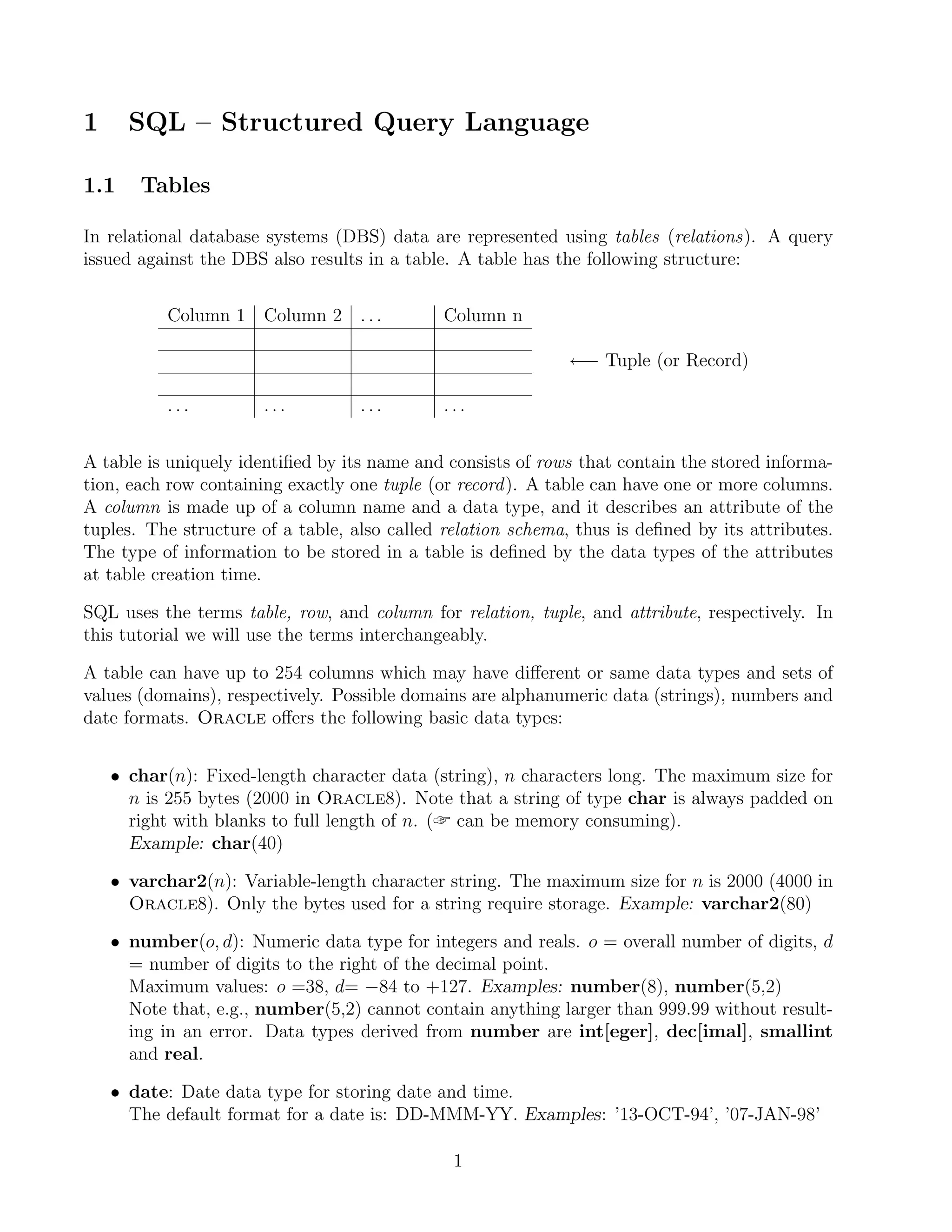1     SQL – Structured Query Language

1.1    Tables

In relational database systems (DBS) data are represented using tables (relations). A query
issued against the DBS also results in a table. A table has the following structure:


           Column 1 Column 2 . . .            Column n

                                                              ←− Tuple (or Record)

           ...         ...         ...        ...


A table is uniquely identiﬁed by its name and consists of rows that contain the stored informa-
tion, each row containing exactly one tuple (or record ). A table can have one or more columns.
A column is made up of a column name and a data type, and it describes an attribute of the
tuples. The structure of a table, also called relation schema, thus is deﬁned by its attributes.
The type of information to be stored in a table is deﬁned by the data types of the attributes
at table creation time.

SQL uses the terms table, row, and column for relation, tuple, and attribute, respectively. In
this tutorial we will use the terms interchangeably.

A table can have up to 254 columns which may have diﬀerent or same data types and sets of
values (domains), respectively. Possible domains are alphanumeric data (strings), numbers and
date formats. Oracle oﬀers the following basic data types:


    • char(n): Fixed-length character data (string), n characters long. The maximum size for
      n is 255 bytes (2000 in Oracle8). Note that a string of type char is always padded on
      right with blanks to full length of n. ( can be memory consuming).
      Example: char(40)

    • varchar2(n): Variable-length character string. The maximum size for n is 2000 (4000 in
      Oracle8). Only the bytes used for a string require storage. Example: varchar2(80)

    • number(o, d): Numeric data type for integers and reals. o = overall number of digits, d
      = number of digits to the right of the decimal point.
      Maximum values: o =38, d= −84 to +127. Examples: number(8), number(5,2)
      Note that, e.g., number(5,2) cannot contain anything larger than 999.99 without result-
      ing in an error. Data types derived from number are int[eger], dec[imal], smallint
      and real.

    • date: Date data type for storing date and time.
      The default format for a date is: DD-MMM-YY. Examples: ’13-OCT-94’, ’07-JAN-98’

                                               1
 