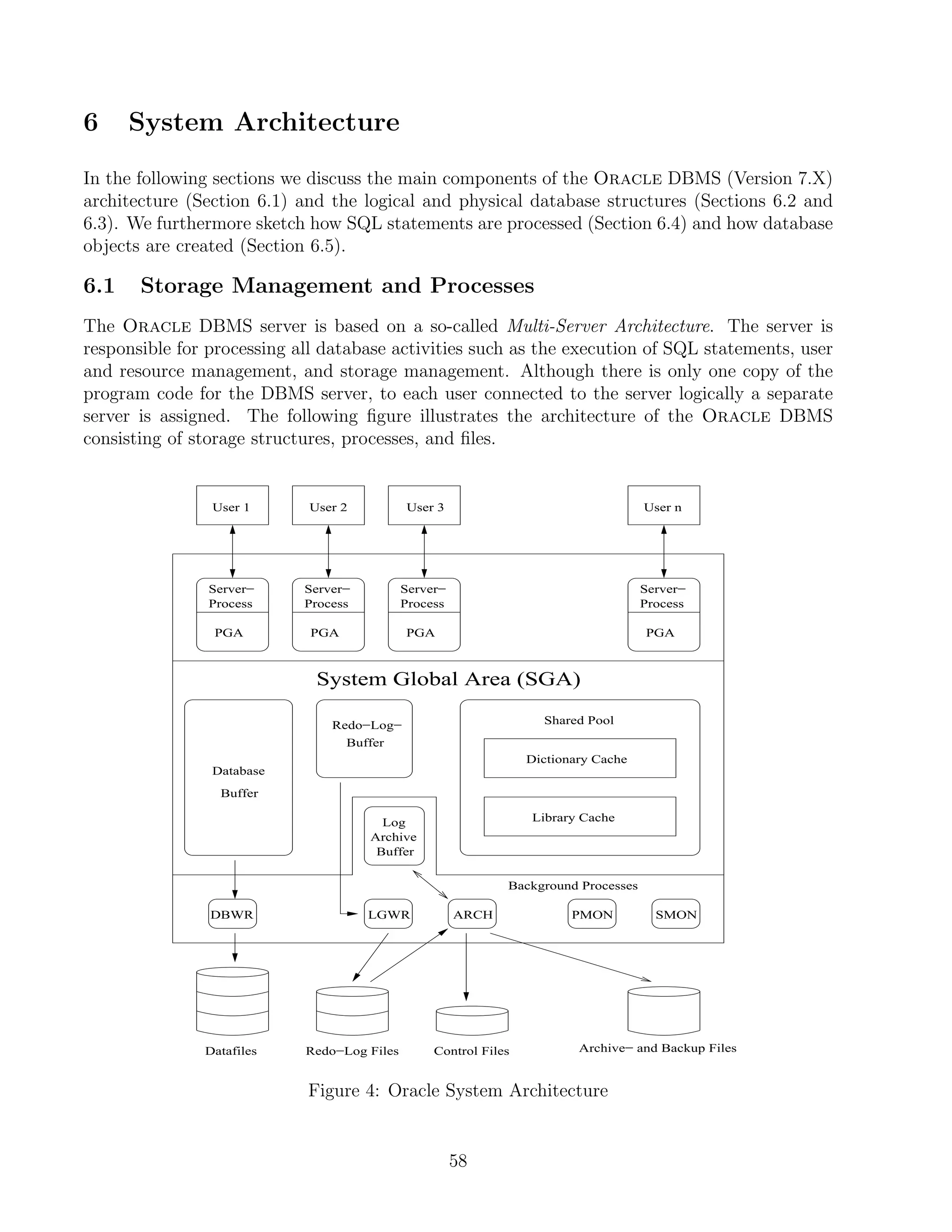 6     System Architecture

In the following sections we discuss the main components of the Oracle DBMS (Version 7.X)
architecture (Section 6.1) and the logical and physical database structures (Sections 6.2 and
6.3). We furthermore sketch how SQL statements are processed (Section 6.4) and how database
objects are created (Section 6.5).

6.1    Storage Management and Processes
The Oracle DBMS server is based on a so-called Multi-Server Architecture. The server is
responsible for processing all database activities such as the execution of SQL statements, user
and resource management, and storage management. Although there is only one copy of the
program code for the DBMS server, to each user connected to the server logically a separate
server is assigned. The following ﬁgure illustrates the architecture of the Oracle DBMS
consisting of storage structures, processes, and ﬁles.


                User 1      User 2           User 3                                  User n




                Server−     Server−          Server−                                 Server−
                Process     Process          Process                                 Process

                PGA          PGA             PGA                                     PGA



                             System Global Area (SGA)

                                Redo−Log−                           Shared Pool
                                  Buffer
                                                                  Dictionary Cache
                Database
                 Buffer

                                        Log                       Library Cache
                                      Archive
                                       Buffer

                                                              Background Processes

                DBWR                  LGWR             ARCH              PMON          SMON




               Datafiles    Redo−Log Files        Control Files           Archive− and Backup Files


                            Figure 4: Oracle System Architecture


                                                       58
 
