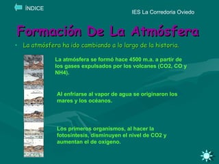 Formación De La Atmósfera La atmósfera ha ido cambiando a lo largo de la historia. IES La Corredoria Oviedo La atmósfera se formó hace 4500 m.a. a partir de los gases expulsados por los volcanes (CO2, CO y NH4). ÍNDICE Al enfriarse al vapor de agua se originaron los mares y los océanos. Los primeros organismos, al hacer la fotosíntesis, disminuyen el nivel de CO2 y aumentan el de oxígeno. 