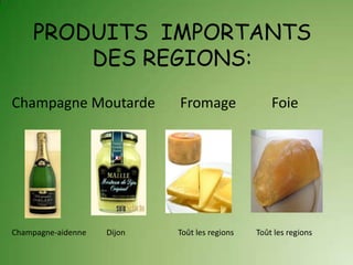 PRODUITS  IMPORTANTS DES REGIONS:Champagne MoutardeFromage          FoieChampagne-aidenne          Dijon                          Toût les regionsToût les regions