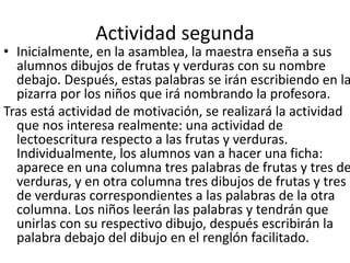 Actividad segundaInicialmente, en la asamblea, la maestra enseña a sus alumnos dibujos de frutas y verduras con su nombre debajo. Después, estas palabras se irán escribiendo en la pizarra por los niños que irá nombrando la profesora.Tras está actividad de motivación, se realizará la actividad que nos interesa realmente: una actividad de lectoescritura respecto a las frutas y verduras. Individualmente, los alumnos van a hacer una ficha: aparece en una columna tres palabras de frutas y tres de verduras, y en otra columna tres dibujos de frutas y tres de verduras correspondientes a las palabras de la otra columna. Los niños leerán las palabras y tendrán que unirlas con su respectivo dibujo, después escribirán la palabra debajo del dibujo en el renglón facilitado. 