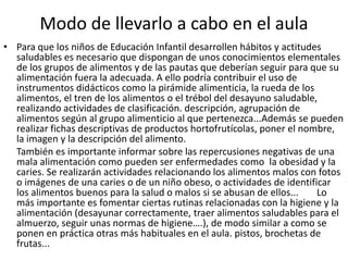 Modo de llevarlo a cabo en el aulaPara que los niños de Educación Infantil desarrollen hábitos y actitudes saludables es necesario que dispongan de unos conocimientos elementales de los grupos de alimentos y de las pautas que deberían seguir para que su alimentación fuera la adecuada. A ello podría contribuir el uso de instrumentos didácticos como la pirámide alimenticia, la rueda de los alimentos, el tren de los alimentos o el trébol del desayuno saludable, realizando actividades de clasificación. descripción, agrupación de alimentos según al grupo alimenticio al que pertenezca...Además se pueden realizar fichas descriptivas de productos hortofrutícolas, poner el nombre, la imagen y la descripción del alimento. 	También es importante informar sobre las repercusiones negativas de una mala alimentación como pueden ser enfermedades como  la obesidad y la caries. Se realizarán actividades relacionando los alimentos malos con fotos o imágenes de una caries o de un niño obeso, o actividades de identificar los alimentos buenos para la salud o malos si se abusan de ellos...	Lo más importante es fomentar ciertas rutinas relacionadas con la higiene y la alimentación (desayunar correctamente, traer alimentos saludables para el almuerzo, seguir unas normas de higiene….), de modo similar a como se ponen en práctica otras más habituales en el aula. pistos, brochetas de frutas...