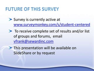 Future of this surveySurvey is currently active at www.surveymonkey.com/s/student-centered To receive complete set of results and/or list of groups and forums,  email vfrank@sewardinc.comThis presentation will be available on SlideShare or by request