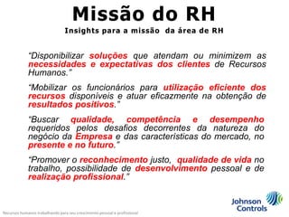 Missão do RH
                                Insights para a missão da área de RH


             “Disponibilizar soluções que atendam ou minimizem as
             necessidades e expectativas dos clientes de Recursos
             Humanos.”
             “Mobilizar os funcionários para utilização eficiente dos
             recursos disponíveis e atuar eficazmente na obtenção de
             resultados positivos.”
             “Buscar qualidade, competência e desempenho
             requeridos pelos desafios decorrentes da natureza do
             negócio da Empresa e das características do mercado, no
             presente e no futuro.”
             “Promover o reconhecimento justo, qualidade de vida no
             trabalho, possibilidade de desenvolvimento pessoal e de
             realização profissional.”


Recursos humanos trabalhando para seu crescimento pessoal e profissional
 
