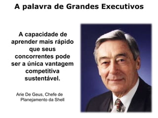 A palavra de Grandes Executivos


  A capacidade de
aprender mais rápido
       que seus
 concorrentes pode
ser a única vantagem
     competitiva
     sustentável.

 Arie De Geus, Chefe de
   Planejamento da Shell
 