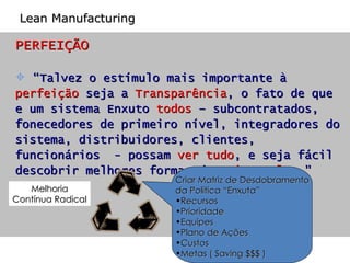 PERFEIÇÃO “ Talvez o estímulo mais importante à  perfeição  seja a  Transparência , o fato de que e um sistema Enxuto  todos  – subcontratados, fonecedores de primeiro nível, integradores do sistema, distribuidores, clientes, funcionários  - possam  ver tudo , e seja fácil descobrir melhores formas de  criar valor  ” Lean Manufacturing Melhoria Contínua Radical Criar Matriz de Desdobramento da Política “Enxuta” Recursos Prioridade Equipes Plano de Ações Custos  Metas ( Saving $$$ ) 