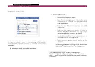   Les sites de streaming musical 
  Observatoire de la musique / octobre 2009                                                                                                                              34 

                                                                                  

Le lecteur audio iLike                                                            
 
                                                                                        •      Relatives à des « charts » : 
 
                                                                                                       o Les chansons faisant le plus de buzz 
 
                                                                                                       o Celles  d’artistes  non  signés  faisant  le  plus  de  buzz :  cette 
                                                                                                         option  dénote  une  volonté  de  soutenir  les  indépendants 
                                                                                                         et les jeunes talents. 
 
                                                                                                       o Celles  les  plus  fréquemment  ajoutées  aux  profils 
                                                                                                         d’internautes 

                                                                                                       o Celles  les  plus  fréquemment  ajoutées  à  iTunes  ou 
                                                                                                         Windows Media Player (déterminées grâce au plug‐in que 
                                                                                                         les utilisateurs peuvent installer sur ces lecteurs) 

                                                                                                       o Les  plus  dédicacées  (fait  d’envoyer  une  chanson  avec  un 
                                                                                                         message à l’un de ses amis sur Facebook) 
 
                                                                                                       o Celles  récemment  signalées  comme  favorites  par  des 
En cliquant sur le bouton « Launch the iLike music player », l’utilisateur de                            utilisateurs 
Facebook  déploie  un  encadré  contextuel  qui  permet  de  lancer  diverses                          Une section  « Garageband charts »  permet  de  découvrir, par 
smartradios :                                                                                          style musical20, les artistes amateurs21 les plus populaires. 
    •   Relative à un artiste, via un champ de recherche                                                
                                                                                                                                             
                                                                                 20
                                                                                    Pop Rock, Electronique, Hip hop, Hard Rock, Country, Acoustique  
                                                                                 21
                                                                                    Amateur n’est pas le terme le plus approprié pour traduire « GarageBand 
                                                                                 artists ». Il s’agit en fait d’artistes qui ne font pas partie des réseaux traditionnels 
                                                                                 de distribution. 
                                                                                                                                                                                

 
 