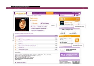   Les sites de streaming musical 
  Observatoire de la musique / octobre 2009                                                              51 

                                                    
                                                    
                                                    
                                                    
                                                    
                                                    
                                                    
                                                    
                                                    
                                                                   
                                                       Options 
                                                                                  Statistiques de l’album 
                                                                   
                                                    
                                                    
                                                    
                                                    
             9 ‐ Fiche d'album 




                                                    
                                                    
                                                    
                                                    
                                                    
                                                    
                                                    
                                                                            Statistiques de l’artiste 
                                                    
                                                    
                                                    
                                                    
                                                    
                                                    
                                                    
                                                    
                                                    
                                                                                                                

 
 