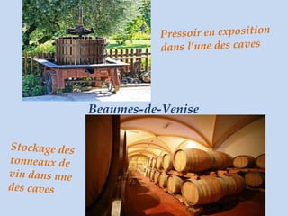 Beaumes-de-Venise Pressoir en exposition dans l’une des caves Stockage des tonneaux de vin dans une des caves 
