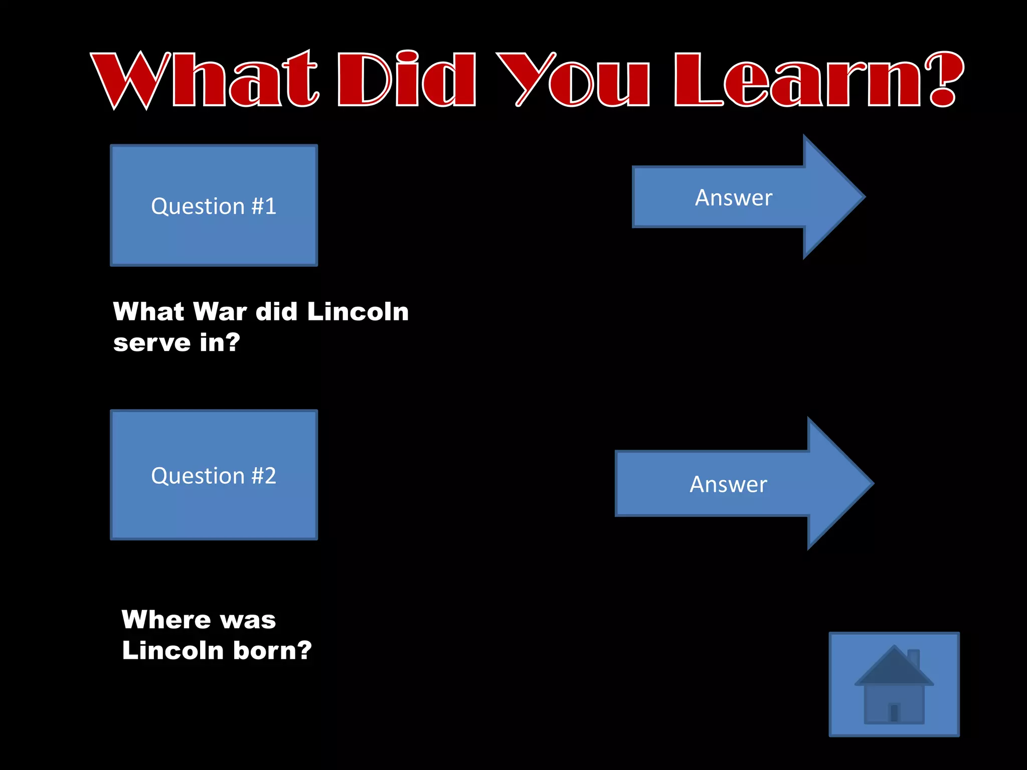 Question #1          Answer



What War did Lincoln
serve in?




  Question #2          Answer




Where was
Lincoln born?
 
