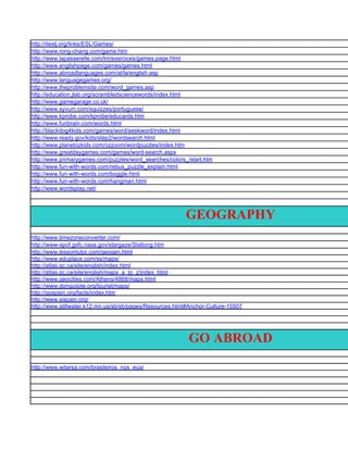 http://iteslj.org/links/ESL/Games/
http://www.rong-chang.com/game.htm
http://www.lapasserelle.com/lm/exercices/games.page.html
http://www.englishpage.com/games/games.html
http://www.abroadlanguages.com/al/la/english.asp
http://www.languagegames.org/
http://www.theproblemsite.com/word_games.asp
http://education.jlab.org/scrambledsciencewords/index.html
http://www.gamegarage.co.uk/
http://www.syvum.com/squizzes/portuguese/
http://www.kprobe.com/kprobe/educards.htm
http://www.funbrain.com/words.html
http://blackdog4kids.com/games/word/seekword/index.html
http://www.ready.gov/kids/step2/wordsearch.html
http://www.planetozkids.com/ozzoom/wordpuzzles/index.htm
http://www.greatdaygames.com/games/word-search.aspx
http://www.primarygames.com/puzzles/word_searches/colors_/start.htm
http://www.fun-with-words.com/rebus_puzzle_explain.html
http://www.fun-with-words.com/boggle.html
http://www.fun-with-words.com/hangman.html
http://www.wordsplay.net/




                                                         GEOGRAPHY
http://www.timezoneconverter.com/
http://www-spof.gsfc.nasa.gov/stargaze/Slatlong.htm
http://www.lessontutor.com/geogen.html
http://www.eduplace.com/ss/maps/
http://atlas.gc.ca/site/english/index.html
http://atlas.gc.ca/site/english/maps_a_to_z/index_html
http://www.geocities.com/Athens/4868/maps.html
http://www.donquijote.org/tourist/maps/
http://gospain.org/facts/index.htm
http://www.sispain.org/
http://www.stillwater.k12.mn.us/sb/sb/pages/Resources.html#Anchor-Culture-15507




                                                           GO ABROAD
http://www.witarsa.com/brasileiros_nos_eua/
 
