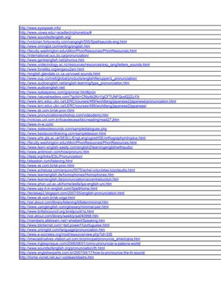 http://www.eyespeak.info/
http://www.uiowa.edu/~acadtech/phonetics/#
http://www.soundsofenglish.org/
http://victorian.fortunecity.com/vangogh/555/Spell/saunds-eng.html
http://www.omniglot.com/writing/english.htm
http://faculty.washington.edu/dillon/PhonResources/PhonResources.html
http://international.ouc.bc.ca/pronunciation/
http://www.genkienglish.net/phonics.htm
http://www.unitecnology.ac.nz/resources/resources/exp_lang/letters_sounds.html
http://www.fonetiks.org/engsou2am.html
http://english.glendale.cc.ca.us/vowel.sounds.html
http://www.oup.com/elt/global/products/englishfile/upper/z_pronunciation/
http://www.audioenglish.net/english-learning/type_pronunciation.htm
http://www.audioenglish.net/
http://www.isabelperez.com/grammar.htm#pron
http://www.naturalreaders.com/?gclid=CNiy4b2KnYgCFTUNFQodQ2ZuYA
http://www.lerc.educ.ubc.ca/LERC/courses/489/worldlang/japanese2/japanese/pronunciation.html
http://www.lerc.educ.ubc.ca/LERC/courses/489/worldlang/japanese2/japanese/
http://www.sk.com.br/sk-pron.html
http://www.pronunciationworkshop.com/videodemo.htm
http://noticias.uol.com.br/licaodecasa/bbc/reading/read27.jhtm
http://www.m-w.com/
http://www.statesidesounds.com/sampledialogues.php
http://www.bestaccenttraining.com/samplelesson.html
http://www.arts.gla.ac.uk/SESLL/EngLang/ugrad/OE/orthographyintroplus.html
http://faculty.washington.edu/dillon/PhonResources/PhonResources.html
http://www.learn-english-easily.com/english2/learningenglishwithaudio/
http://www.antimoon.com/how/pronunc.htm
http://iteslj.org/links/ESL/Pronunciation/
http://eleaston.com/listening.html
http://www.sk.com.br/sk-pron.html
http://www.acheiusa.com/arquivo/0075/achei-colunistas-luizclaudio.html
http://www.learnenglish.de/homophones/Homophones.htm
http://www.learnenglish.de/pronunciation/accentreduction.htm
http://www.phon.ucl.ac.uk/home/wells/ipa-english-uni.htm
http://www.say-it-in-english.com/SpellHome.html
http://teclasap2.blogspot.com/2007/05/english-pronunciation.html
http://www.sk.com.br/sk-voga.html
http://esl.about.com/library/listening/bllistenminimal.htm
http://www.usingenglish.com/glossary/minimal-pair.html
http://www.britishcouncil.org.br/etp/unit1a.html
http://esl.about.com/library/weekly/aa040998.htm
http://members.allstream.net/~shiebert/Speaking.htm
http://www.btinternet.com/~ted.power/l1portuguese.html
http://www.omniglot.com/language/pronunciation.htm
http://www.e-socrates.org/mod/resource/view.php?id=335
http://imwcastroalves.vilabol.uol.com.br/principal/pronuncia_americana.htm
http://www.inglespraque.com/2006/08/01/como-pronunciar-a-palavra-world/
http://www.soundsofenglish.org/pronunciation/th.html
http://www.englishexperts.com.br/2007/04/17/how-to-pronounce-the-th-sound/
http://home.vicnet.net.au/~ozideas/sfastrs.htm
 