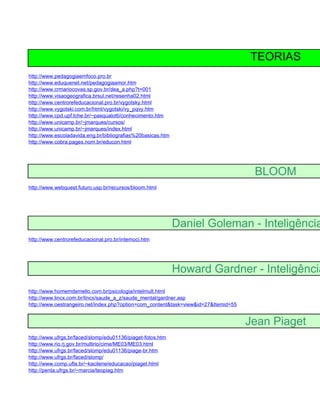 TEORIAS
http://www.pedagogiaemfoco.pro.br
http://www.eduquenet.net/pedagogiaamor.htm
http://www.crmariocovas.sp.gov.br/dea_a.php?t=001
http://www.visaogeografica.brsul.net/resenha02.html
http://www.centrorefeducacional.pro.br/vygotsky.html
http://www.vygotski.com.br/html/vygotski/vy_pqvy.htm
http://www.cpd.upf.tche.br/~pasqualotti/conhecimento.htm
http://www.unicamp.br/~jmarques/cursos/
http://www.unicamp.br/~jmarques/index.html
http://www.escoladavida.eng.br/bibliografias%20basicas.htm
http://www.cobra.pages.nom.br/educon.html




                                                                                      BLOOM
http://www.webquest.futuro.usp.br/recursos/bloom.html




                                                             Daniel Goleman - Inteligência
http://www.centrorefeducacional.pro.br/intemoci.htm




                                                             Howard Gardner - Inteligência
http://www.homemdemello.com.br/psicologia/intelmult.html
http://www.lincx.com.br/lincx/saude_a_z/saude_mental/gardner.asp
http://www.oestrangeiro.net/index.php?option=com_content&task=view&id=27&Itemid=55


                                                                                     Jean Piaget
http://www.ufrgs.br/faced/slomp/edu01136/piaget-fotos.htm
http://www.rio.rj.gov.br/multirio/cime/ME03/ME03.html
http://www.ufrgs.br/faced/slomp/edu01136/piage-br.htm
http://www.ufrgs.br/faced/slomp/
http://www.comp.ufla.br/~kacilene/educacao/piaget.html
http://penta.ufrgs.br/~marcia/teopiag.htm
 