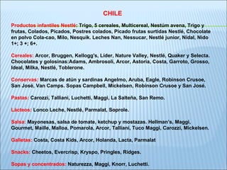 CHILE Productos infantiles Nestlé : Trigo, 5 cereales, Multicereal, Nestúm avena, Trigo y frutas, Colados, Picados, Postre...