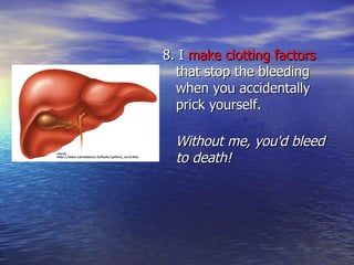 8. I  make clotting factors  that stop the bleeding when you accidentally prick yourself. Without me, you'd bleed to death! 
