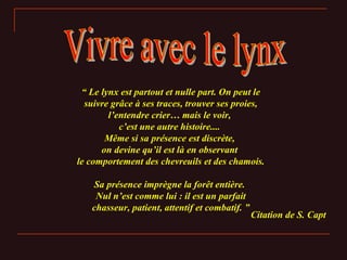 Vivre avec le lynx “  Le lynx est partout et nulle part. On peut le suivre grâce à ses traces, trouver ses proies, l’entendre crier… mais le voir,  c’est une autre histoire....  Même si sa présence est discrète,  on devine qu’il est là en observant  le comportement des chevreuils et des chamois.  Sa présence imprègne la forêt entière.  Nul n’est comme lui : il est un parfait chasseur, patient, attentif et combatif. ” Citation de S. Capt 