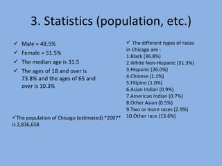 3. Statistics (population, etc.) Male = 48.5% Female = 51.5%  The median age is 31.5 The ages of 18 and over is 73.8% and the ages of 65 and over is 10.3% The different types of races in Chicago are : 1.Black (36.8%) 2.White Non-Hispanic (31.3%) 3.Hispanic (26.0%) 4.Chinese (1.1%) 5.Filipino (1.0%) 6.Asian Indian (0.9%) 7.American Indian (0.7%) 8.Other Asian (0.5%) 9.Two or more races (2.9%) 10.Other race (13.6%)  The population of Chicago (estimated) *2007* is 2,836,658 