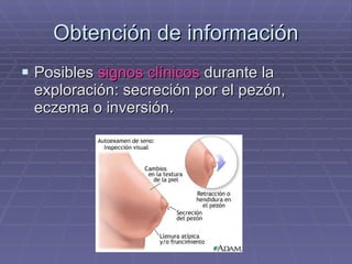 Obtención de información Posibles  signos clínicos  durante la exploración: secreción por el pezón, eczema o inversión. 