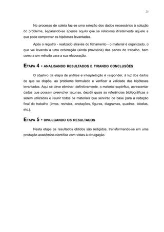25




         No processo de coleta faz-se uma seleção dos dados necessários à solução
do problema, separando-se apenas aquilo que se relaciona diretamente àquele e
que pode comprovar as hipóteses levantadas.

         Após o registro - realizado através do fichamento - o material é organizado, o
que vai levando a uma ordenação (ainda provisória) das partes do trabalho, bem
como a um método para a sua elaboração.


ETAPA 4 - ANALISANDO RESULTADOS E TIRANDO CONCLUSÕES
         O objetivo da etapa de análise e interpretação é responder, à luz dos dados
de que se dispõe, ao problema formulado e verificar a validade das hipóteses
levantadas. Aqui se deve eliminar, definitivamente, o material supérfluo, acrescentar
dados que possam preencher lacunas, decidir quais as referências bibliográficas a
serem utilizadas e reunir todos os materiais que servirão de base para a redação
final do trabalho (livros, revistas, anotações, figuras, diagramas, quadros, tabelas,
etc.).


ETAPA 5 - DIVULGANDO OS RESULTADOS
         Nesta etapa os resultados obtidos são redigidos, transformando-se em uma
produção acadêmico-científica com vistas à divulgação.
 