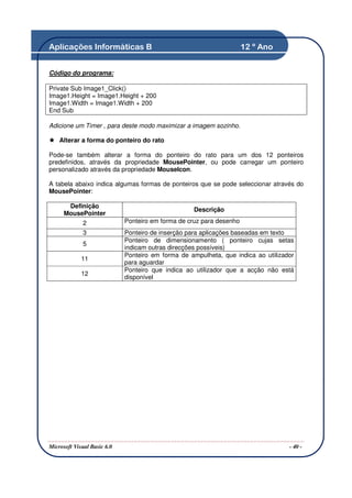 Aplicações Informáticas B                                             12 º Ano


Código do programa:

Private Sub Image1_Click()
Image1.Height = Image1.Height + 200
Image1.Width = Image1.Width + 200
End Sub

Adicione um Timer , para deste modo maximizar a imagem sozinho.

    Alterar a forma do ponteiro do rato

Pode-se também alterar a forma do ponteiro do rato para um dos 12 ponteiros
predefinidos, através da propriedade MousePointer, ou pode carregar um ponteiro
personalizado através da propriedade MouseIcon.

A tabela abaixo indica algumas formas de ponteiros que se pode seleccionar através do
MousePointer:

       Definição
                                                   Descrição
      MousePointer
             2               Ponteiro em forma de cruz para desenho
             3               Ponteiro de inserção para aplicações baseadas em texto
                             Ponteiro de dimensionamento ( ponteiro cujas setas
             5
                             indicam outras direcções possíveis)
                             Ponteiro em forma de ampulheta, que indica ao utilizador
             11
                             para aguardar
                             Ponteiro que indica ao utilizador que a acção não está
             12
                             disponível




Microsoft Visual Basic 6.0                                                         - 40 -
 