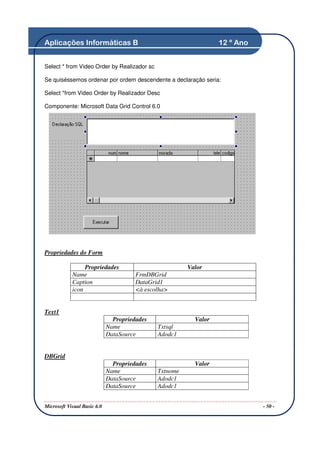 Aplicações Informáticas B                                         12 º Ano


Select * from Video Order by Realizador sc

Se quiséssemos ordenar por ordem descendente a declaração seria:

Select *from Video Order by Realizador Desc

Componente: Microsoft Data Grid Control 6.0




Propriedades do Form

                 Propriedades                           Valor
            Name                       FrmDBGrid
            Caption                    DataGrid1
            icon                       <à escolha>


Text1
                               Propriedades               Valor
                             Name             Txtsql
                             DataSource       Adodc1


DBGrid
                               Propriedades               Valor
                             Name             Txtnome
                             DataSource       Adodc1
                             DataSource       Adodc1


Microsoft Visual Basic 6.0                                                   - 50 -
 