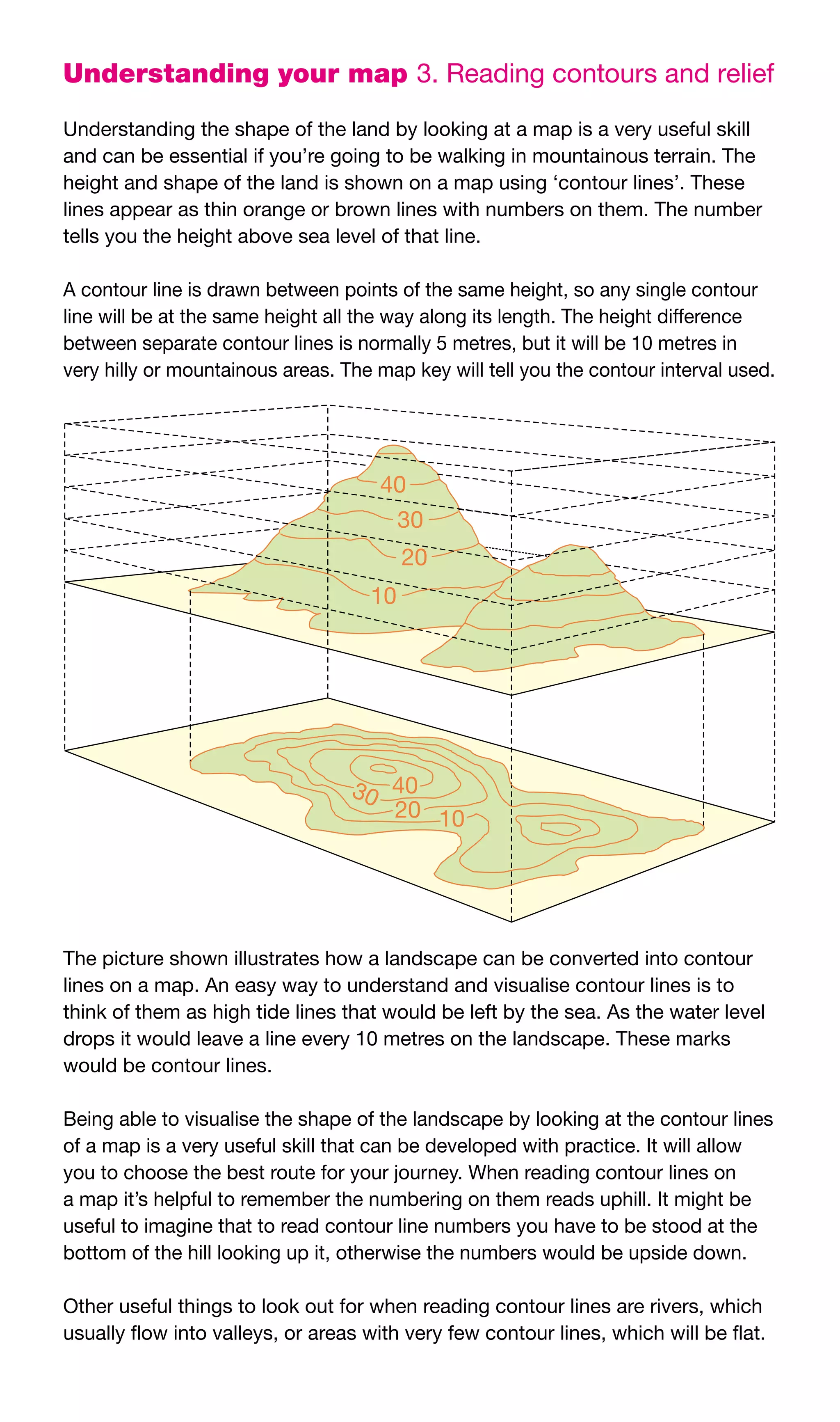 Understanding your map 3.	Reading	contours	and	relief

Understanding	the	shape	of	the	land	by	looking	at	a	map	is	a	very	useful	skill	
and	can	be	essential	if	you’re	going	to	be	walking	in	mountainous	terrain.	The	
height	and	shape	of	the	land	is	shown	on	a	map	using	‘contour	lines’.	These	
lines	appear	as	thin	orange	or	brown	lines	with	numbers	on	them.	The	number	
tells	you	the	height	above	sea	level	of	that	line.

A	contour	line	is	drawn	between	points	of	the	same	height,	so	any	single	contour	
line	will	be	at	the	same	height	all	the	way	along	its	length.	The	height	difference	
between	separate	contour	lines	is	normally	5	metres,	but	it	will	be	10	metres	in	
very	hilly	or	mountainous	areas.	The	map	key	will	tell	you	the	contour	interval	used.




The	picture	shown	illustrates	how	a	landscape	can	be	converted	into	contour	
lines	on	a	map.	An	easy	way	to	understand	and	visualise	contour	lines	is	to	
think	of	them	as	high	tide	lines	that	would	be	left	by	the	sea.	As	the	water	level	
drops	it	would	leave	a	line	every	10	metres	on	the	landscape.	These	marks	
would	be	contour	lines.

Being	able	to	visualise	the	shape	of	the	landscape	by	looking	at	the	contour	lines	
of	a	map	is	a	very	useful	skill	that	can	be	developed	with	practice.	It	will	allow	
you	to	choose	the	best	route	for	your	journey.	When	reading	contour	lines	on	
a	map	it’s	helpful	to	remember	the	numbering	on	them	reads	uphill.	It	might	be	
useful	to	imagine	that	to	read	contour	line	numbers	you	have	to	be	stood	at	the	
bottom	of	the	hill	looking	up	it,	otherwise	the	numbers	would	be	upside	down.

Other	useful	things	to	look	out	for	when	reading	contour	lines	are	rivers,	which	
usually	flow	into	valleys,	or	areas	with	very	few	contour	lines,	which	will	be	flat.
 