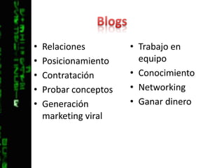 BlogsRelacionesPosicionamientoContrataciónProbar conceptosGeneración marketing viralTrabajo en equipoConocimientoNetworkingGanar dinero