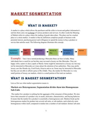 Market SegMentation

                          What iS Market?
 A market is a place which allows the purchaser and the seller to invent and gather information’s
 and lets them carry out exchange of various products and services. In other words the Meaning
 of Market refers to a place where the trading of goods takes place. The place can be a market
 place or a street market. A market is thus by definition comprises people or business with
 potential interest, purchasing power and willingness to spend the money to buy a product or
 service that satisfies need. The following diagram illustrates this concept.



population         Felt            Interested           Money to          Willingness          Market
llpp[[poput        need                                 Buy               to spend


 Example:         Tata’s have started producing a Mercedes Benz car here in India. Many
 individuals have a need for car but they may not need a luxury car like Mercedes. They are
 happy with a santro or chevy spark or Maruti. Some might be interested in a luxury car, but may
 not be interested in Mercedes as it may attract the attention of tax authorities. They may prefer
 luxury cars like Honda city, Ford Fiesta, Octavia and so on. Some may be interested in Mercedes
 but they are not able to afford a price of Rs.32lakh. Thus, the market for Mercedes is a very
 small portion of luxury car markets, which is a small portion of the total car markets.


 What iS Market SegMentation?
 Lets us first see what market segmentation means is:

 Markets are Heterogeneous; Segmentation divides them into Homogeneous
 Sub-Units
  The market for a product is nothing but the aggregate of the consumer of that product. We also
 know that consumer of a product vary in needs, motivates, characteristics, and buying behavior.
 It means that the market for a product is essentially a heterogeneous unit. Markets break up the
 heterogeneous market for product into several sub units, or sub markets, each relatively more
 homogeneous within itself, compared to market into a number of sub markets/ distinct sub units


                                                 1
 