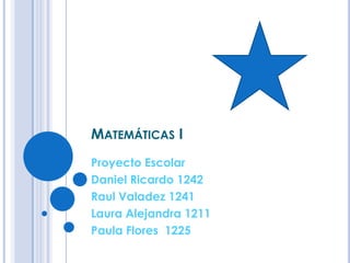 Matemáticas I ProyectoEscolar Daniel Ricardo 1242 Raul Valadez 1241 Laura Alejandra 1211 Paula Flores  1225 