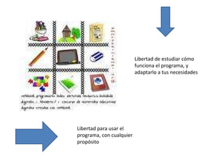 Libertad para usar el programa, con cualquier propósito Libertad de estudiar cómo funciona el programa, y adaptarlo a tus necesidades 