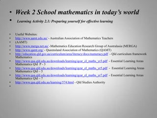 Week 2 School mathematics in today’s world Learning Activity 2.1: Preparing yourself for effective learningUseful Websites:http://www.aamt.edu.au/ - Australian Association of Mathematics Teachers(AAMT)http://www.merga.net.au/ -Mathematics Education Research Group of Australasia (MERGA)http://www.qamt.org/ - Queensland Association of Mathematics (QAMT)http://education.qld.gov.au/curriculum/area/literacy/docs/numeracy.pdf  - Qld curriculum framework Mathematicshttp://www.qsa.qld.edu.au/downloads/learning/qcar_el_maths_yr3.pdf  - Essential Learning Areas Mathematics Qld  P - 3http://www.qsa.qld.edu.au/downloads/learning/qcar_el_maths_yr5.pdf  -  Essential Learning Areas Mathematics Qld – 5http://www.qsa.qld.edu.au/downloads/learning/qcar_el_maths_yr7.pdf  - Essential Learning Areas Mathematics Qld – 7http://www.qsa.qld.edu.au/learning/574.html - Qld Studies Authority 