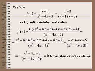 Graficar
                      x 2          x 2
           f ( x)
                    x2 4x 3    ( x 1)( x 3)
    x=1 ; x=3 asíntotas verticales

             (1)( x 2
                 4 x 3) ( x 2)(2 x 4)
  f '( x)            2       2
                  ( x 4 x 3)
 x2 4 x 3 2 x2 4 x 4 x 8          x2 4x 5
             2        2           2       2
          ( x 4 x 3)           ( x 4 x 3)
       x2 4 x 5
        2       2
                        0 No existen valores criticos
     ( x 4 x 3)
 