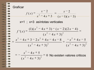 Graficar
                                       x        2                       x    2
                    f ( x)         2
                               x           4x        3        (x        1)( x            3)
          x=1 ; x=3 asíntotas verticales
                               2
                      (1)( x           4x           3)    (x        2)(2 x                4)
   f '( x )                                     2                   2
                                           (x        4x        3)
      2                            2                                                 2
  x         4x         3      2x            4x           4x    8                 x            4x    5
                          2                     2                                2                      2
                     (x        4x          3)                               (x            4x       3)
                2
            x           4x         5
                2                      2
                                                0 No existen valores criticos
           (x          4x      3)
 