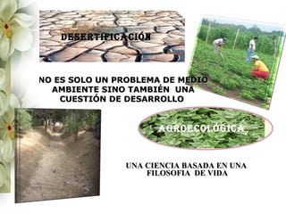 DESERTIFICACIÓN



NO ES SOLO UN PROBLEMA DE MEDIO
  AMBIENTE SINO TAMBIÉN UNA
    CUESTIÓN DE DESARROLLO


                      AGROECOLÓGICA


               UNA CIENCIA BASADA EN UNA
                   FILOSOFIA DE VIDA
 