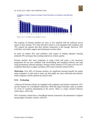 No 141942-LLP-1-2008-1-GR-COMENIUS-CMP




The majority of German teachers are more or less satisfied with the technical access
means at their schools: 81% state that their school is well equipped with computers and
79% express the opinion that their internet connection is fast enough. However, 56%
wish there were better support and maintenance actions taken.

In terms of content 38% state problems with respect to finding adequate learning
materials 29% and argue that existing material are of poor quality.

German teachers feel most competent in using e-mail and using a text processor
programme but are less confident with downloading and installing software and with
using presentation software packages. Primary school teachers (37%) seem to be less ICT
competent than those in upper secondary (29%) and vocational schools (28%).

Motivation. Over 80% of German teachers see significant learning benefits for pupils
using computers in class and as many say that pupils are more motivated and attentive
when computers and the internet are used in class.

5.5.2. Technology

 (Almost) all German schools are equipped with computers and internet connection. 63%
use the internet via a broadband connection. With this figure Germany ranks at number
21 of the 27 countries participating in the survey. There is a large variation between
school types: while only

54% of primary schools have a broadband internet connection, the penetration is highest
among upper secondary schools, with 82%.




European State-of-Art Report                                                       122
 