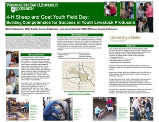 Building Competencies for Success in Youth Livestock Producers
Mark Heitstuman, WSU Asotin County Extension; and Janet Schmidt, WSU Whitman County Extension.

                                                 ABSTRACT                                                                                                        METHODOLOGY
With an estimated 60% of the 4-H members in Southeastern Washington and Northern Idaho enrolled in 4-H market livestock
programs, there is a demand for experiential education targeting youth producers with sheep and goat ruminant projects. Consumers         The 2009 Sheep and Goat Field Day was held at the Asotin County Fair
of 4-H projects are also concerned about food safety and quality assurance; animal welfare; and the personal safety of both youth
and the animals they raise. However, there are only 4 Extension faculty in a 14-county area of Southeastern Washington and
                                                                                                                                          Grounds in Asotin, WA. Due to their increasing popularity as a market
Northern Idaho with 4-H livestock responsibilities. Over 105 youth, leaders and producers attended the 2009 Sheep/Goat Field Day
held in Asotin. Presenters included WSU and UI Extension faculty; WSDA veterinarians; successful producers; feed representatives;
                                                                                                                                          project, meat goats were included for the first time in this field day. The
and WSU students. They used “hands-on” learning to provide the latest research-based information on such topics as: Project
selection, healthcare and nutrition, biosecurity, quality assurance, and showmanship. A post program survey indicated 100% of the
                                                                                                                                          field day used a “hands-on” experiential approach to provide research-
participants increased their level of knowledge for 5 indicators: Selection of project animals to meet industry standards; feeding and    based information to youth, parents and leaders. Field Day instructors
nutrition; health care; fitting and showing; and quality assurance and biosecurity Over 83% of the participants indicated that they
                                                                         biosecurity.
were able to immediately apply what they learned at the field day to their livestock projects. As a result of the field day, local        included WSU and UI Extension faculty; a WSDA veterinarian;                                                  IMPACTS
Extension Offices have been able to strengthen their partnerships with local veterinarians, feed stores, industry leaders and livestock
producers. An additional impact has been an increase in financial support from the livestock industry for the continuation of this and    successful sheep and goat producers; feed representatives; and WSU
similar programs.                                                                                                                                                                                                       Over 105 youth and adults received the latest research-based
                                                                                                                                          students.
                                                                                                                                                                                                                        information at the 2009 Sheep and Goat Field Day. Based on a pre
                                                                                                                                                                                                                        and post program survey, 100% of the participants increased their
                                                                                                                                          Topics covered during the 5-hour field day included:
                                                                                                                                                                                                                        level of knowledge on each of the following 5 indicators:
                                                                    BACKGROUND                                                            • Project selection              • Quality Assurance
                                                                                                                                                                                                                        • Selection of project animals to meet industry standards
                                                                                                                                          • Nutrition                      • Fitting and Showing
                                               An estimated 60% of the 4-H youth in                                                                                                                                     • Feeding and nutrition
                                                                                                                                          • Healthcare and the National Scrapie Eradication Program
                                               Southeastern Washington and Northern Idaho                                                                                                                               • Health care of youth livestock projects
                                               are enrolled in 4-H market livestock projects.
                                                               4H                     projects                                                                                                                          • Principles of fitting and showing
                                               The demand for “hands-on” education targeting                                                                                                                            • Quality assurance and biosecurity
                                               youth livestock producers has increased in
                                               recent years, particularly for small ruminant                                                                                                                            Over 83% of the participants indicated that they would be able to
                                               projects like sheep and goats. The general                                                                                                                               immediately apply what they learned at the field day to their livestock
                                               public is also concerned about food safety and                                                                                                                           projects.
                                               quality assurance issues; animal welfare; and
                                               the personal safety of both youth and the                                                                                                                                Seventy-nine percent rated the educational value of the field day as
                                               animals that they raise. However, there are                                                                                                                              “Highly Valuable”, with the remaining 21% rating the field day as
                                               only 4 Extension faculty in a 14 county area of
                                                                              14-county                                                                                                                                 “Moderately Valuable”.
                                                                                                                                                                                                                         Moderately Valuable .
                                               SE Washington and Northern Idaho with 4-H
                                               youth livestock responsibilities.                                                                                                                                        An important impact of the Youth Livestock Field Days has been an
                                                                                                                                                                                                                        increase in financial support from the livestock industry for the
                                               Since 2004, Youth Livestock Field Days have                                                                                                                              continuation of these programs. Grants were received in 2009 from
                                               been coordinated by the WSU Asotin and                                                                                                                                   the Washington State Sheep Producers and the Idaho Wool Growers
                                               Whitman County Extension Offices, in                                                                                                                                     Association to help off-set program expenses.
                                               collaboration with the UI Nez Perce County
                                               Extension Office. The primary target audiences                                                                                                                           As a result of the field days, local Extension Offices have been able to
                                               for the Youth Livestock Field Days are youth                                                         Participation included youth and 
                                                                                                                                                    Participation included youth and                                    strengthen their partnerships with youth and adult livestock
                                               producers, leaders and parents living in this14-                                                                                                                         producers, local veterinarians, feed supply stores and processors.
                                               county area.                                                                                             adults from 11 counties.



                                                                          Washington 
                                                                          State Dept. of 
                                                                          State Dept of
                                                                          Agriculture                                                                                                                                                  Raising  4‐H 
                                                                          Veterinarian Dr.                                                                           Youth gained                                                      livestock projects 
                                                                          Ben Smith                                                                                  hands‐on                                                          help to develop 
                                                                          discussing the                                                                             experience                                                        life skills in youth; 
                                                                          National                                                                                   fitting                                                           including Self 
                                                                          Scrapie                                                                                    animals with                                                      Esteem and 
                                                                          Eradication                                                                                adult                                                             Decision Making 
                                                                          Program.                                                                                   guidance.                                                         skills. 
 