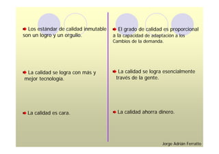 Los estándar de calidad inmutable      El grado de calidad es proporcional
son un logro y un orgullo.            a la capacidad de adaptación a los
                                      Cambios de la demanda.




 La calidad se logra con más y          La calidad se logra esencialmente
mejor tecnología.                      través de la gente.




  La calidad es cara.                   La calidad ahorra dinero.




                                                           Jorge Adrián Ferratto
 