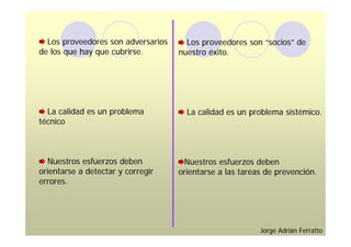 Los proveedores son adversarios     Los proveedores son “socios” de
de los que hay que cubrirse.        nuestro éxito.




  La calidad es un problema           La calidad es un problema sistémico.
técnico



  Nuestros esfuerzos deben           Nuestros esfuerzos deben
orientarse a detectar y corregir    orientarse a las tareas de prevención.
errores.




                                                          Jorge Adrián Ferratto
 