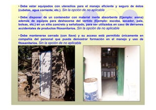 • Debe estar equipados con utensilios para el manejo eficiente y seguro de éstos
(cubetas, agua corriente, etc.). Sin la opción de no aplicable

• Debe disponer de un contenedor con material inerte absorbente (Ejemplo: arena)
además de equipos para deshacerse del vertido (Ejemplo: escoba, secador, pala,
bolsas, etc.) en un sitio concreto y señalizado, para ser utilizados en caso de derrames
accidentales de productos fitosanitarios. Sin la opción de no aplicable

• Debe mantenerse cerrado (con llave) y su acceso está permitido únicamente en
compañía del personal que pueda demostrar formación en el manejo y uso de
fitosanitarios. Sin la opción de no aplicable
 