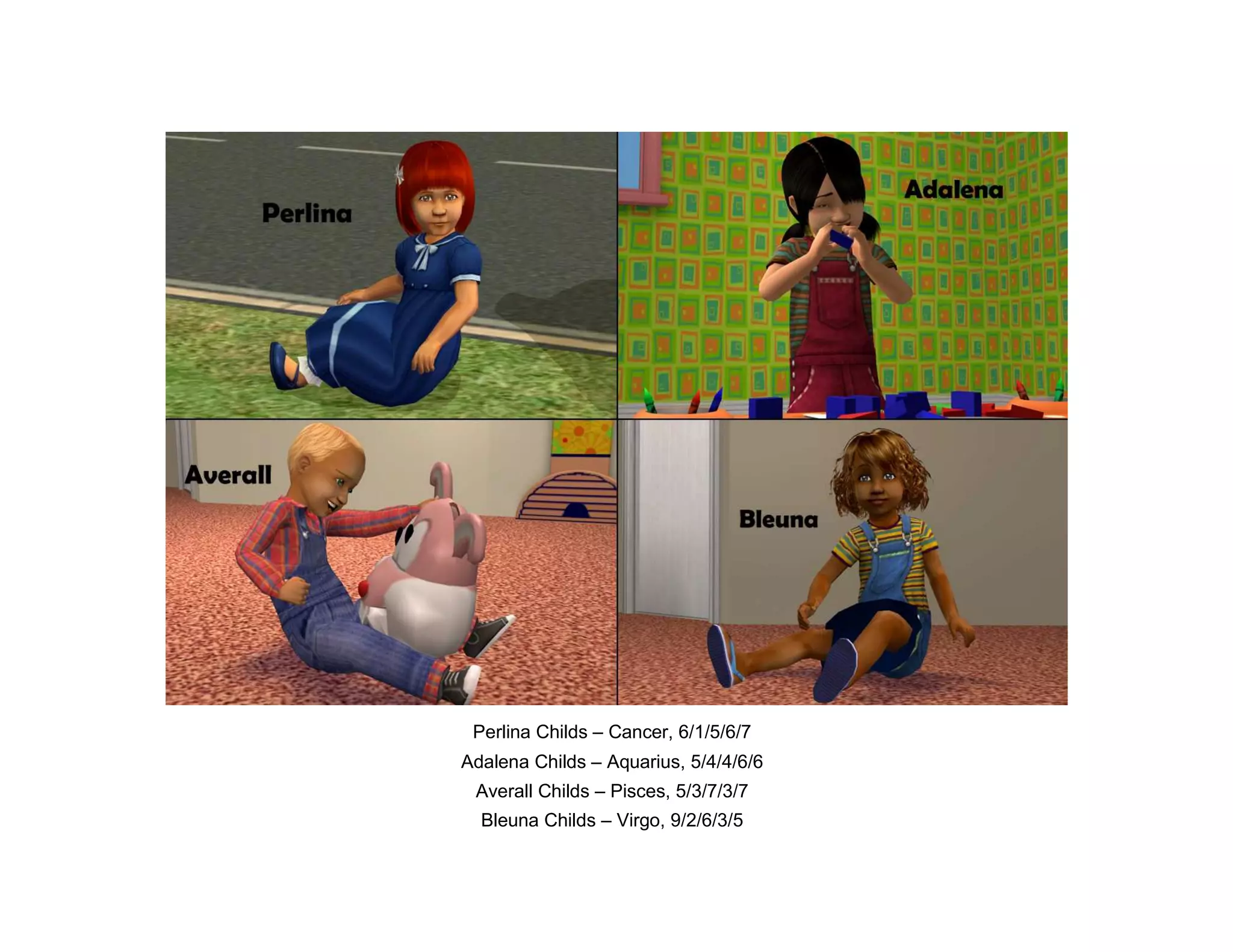 Perlina Childs – Cancer, 6/1/5/6/7
Adalena Childs – Aquarius, 5/4/4/6/6
 Averall Childs – Pisces, 5/3/7/3/7
  Bleuna Childs – Virgo, 9/2/6/3/5
 